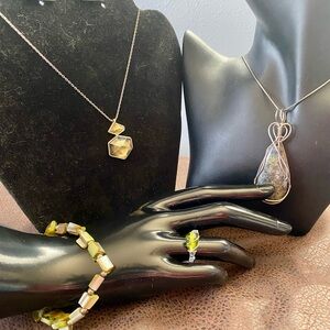 Hexagon Citrine Pendant Necklace & Handmade Gemstone Green/Blue Necklace